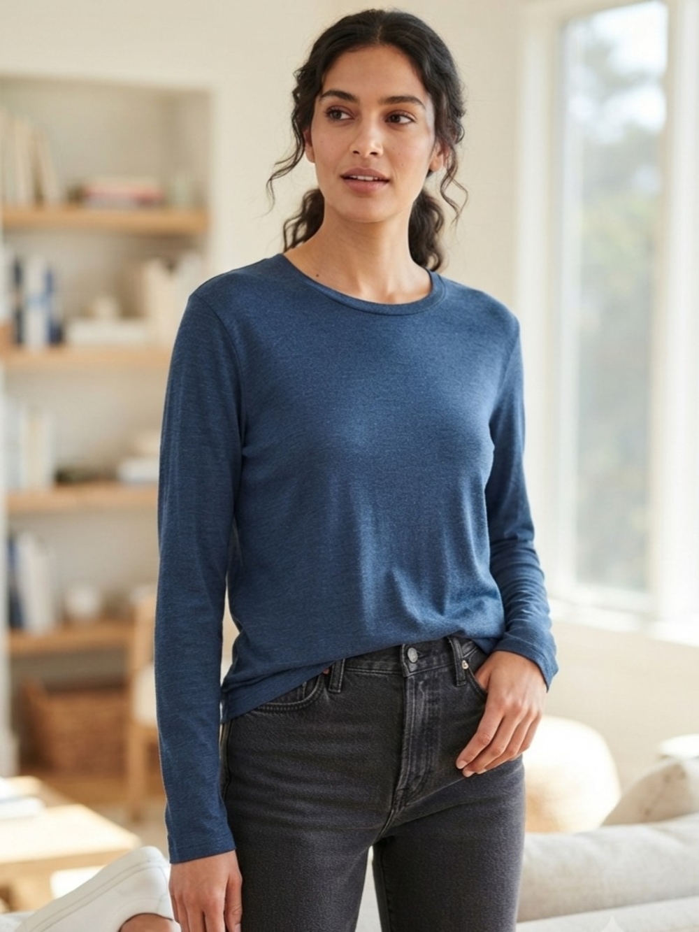 True North Everyday Blue Merino Wool Blend Crewneck Long Sleeve Tee  Med